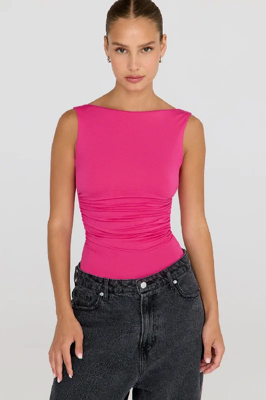 Modern Women's Attire Exclusive Fashion Deals 365 RUCHED SIDE OPEN BACK TOP - HOT PINK