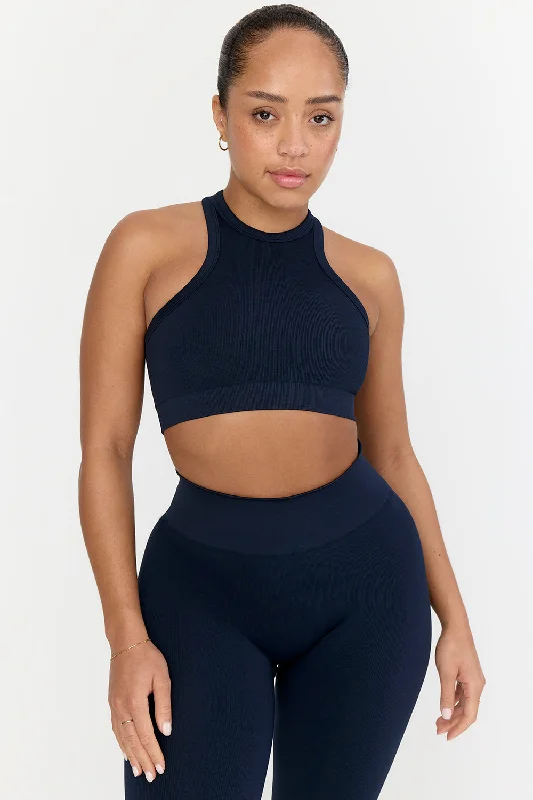 Women's Comfortable Lounge Attire Style Without Limits SCULPT SEAMLESS RIBBED RACER SPORTS BRA - NAVY MARL