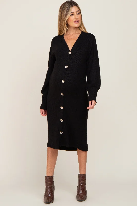 Women's Sports Apparel Chic & Cozy Collection Black Long Button Down Maternity Cardigan/Dress