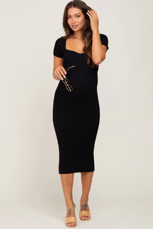 Women's Clothing Outfit Set Chic & Modern Sales Black Ribbed Maternity Midi Dress