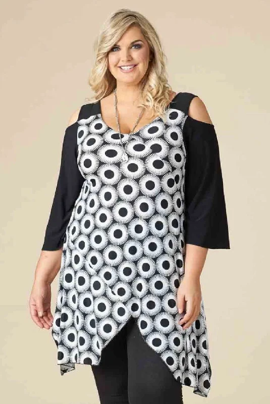 Formal Clothing For Women Save Big Black & White Circle Cold Shoulder Tunic