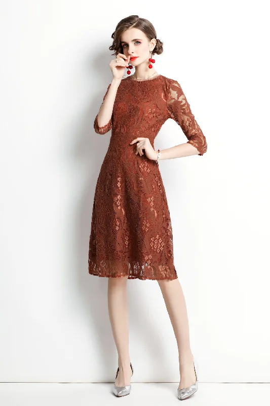 Women's Clothing For Holiday Travel Fashionista Favorites Brown Cocktail & Party A-line Crewneck Elbow Sleeve Knee Lace Dress