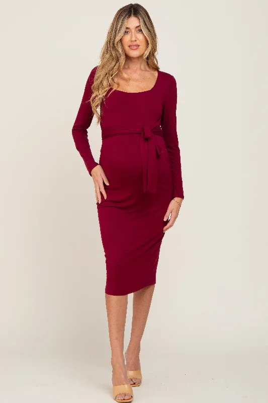 Timeless Women's Apparel Step Ahead, Lead The Trend Burgundy Basic Square Neck Maternity Midi Dress