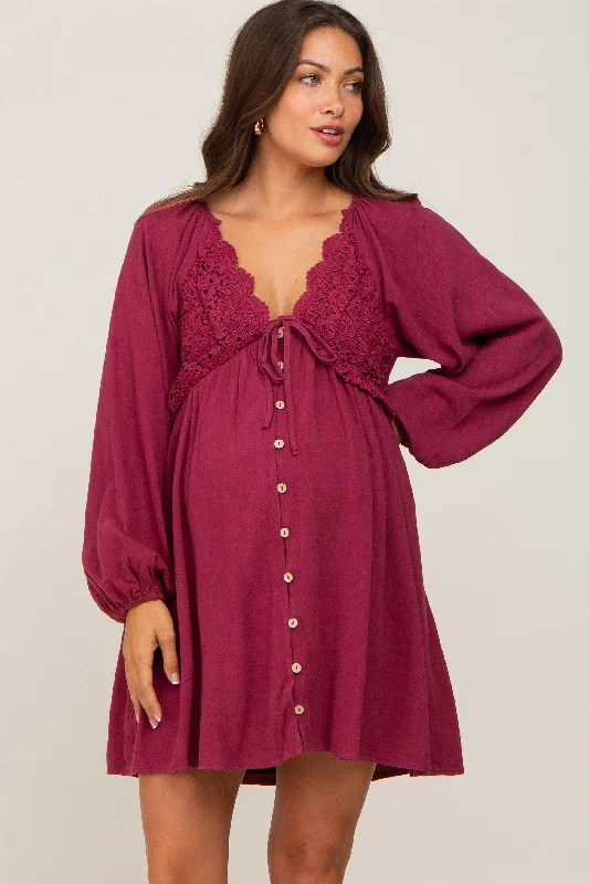 Women's Activewear Attire Contemporary Casual Deals Burgundy Crochet Lace Button Front Maternity Dress