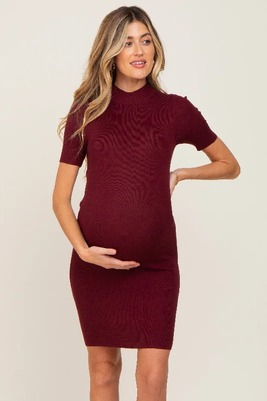 Women's Clothing For Everyday Wear Limited Styles Burgundy Ribbed Mock Neck Maternity Dress