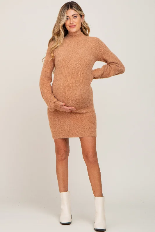 Women's Formal Event Clothing Feminine Style Promotions Camel Fuzzy Knit Puff Sleeve Maternity Sweater Dress