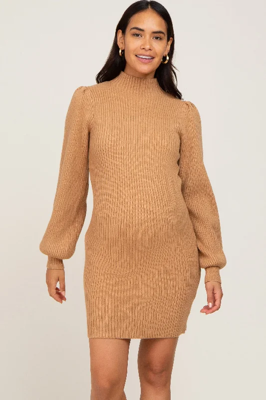 Women's Romantic Outfit Fashionista Sale Camel Mock Neck Puff Sleeve Maternity Sweater Dress