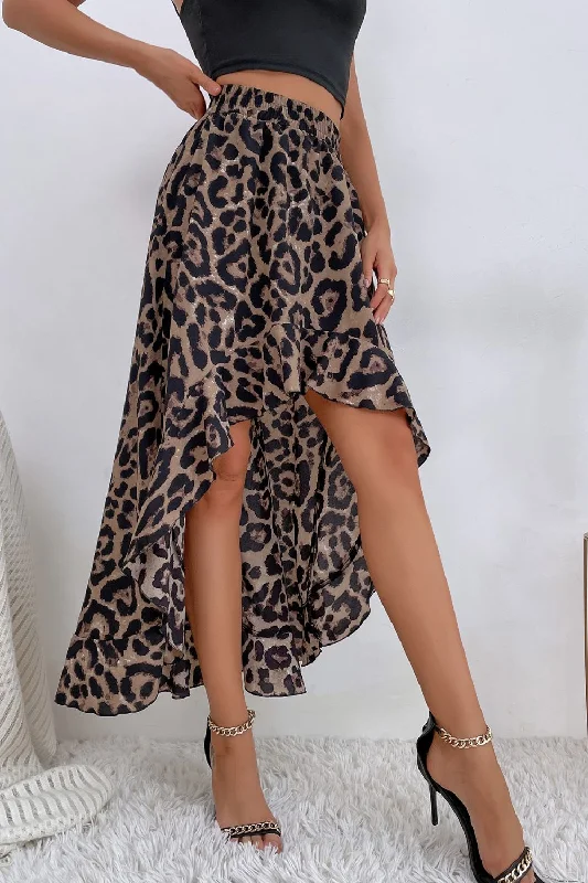 Women's Travel Apparel Chic Style, Always In Vogue Leopard Ruffle Hem High-Low Skirt