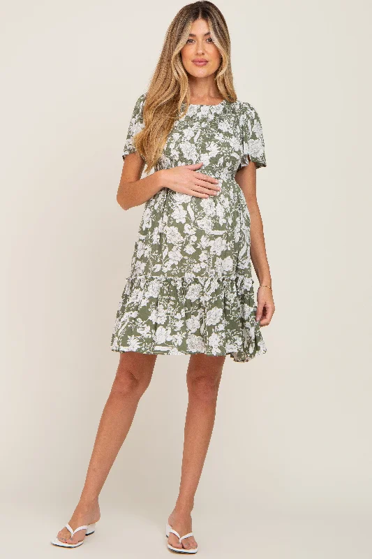 Women's Formal Apparel Explore What'S New Light Olive Floral Smocked Ruffle Accent Maternity Dress