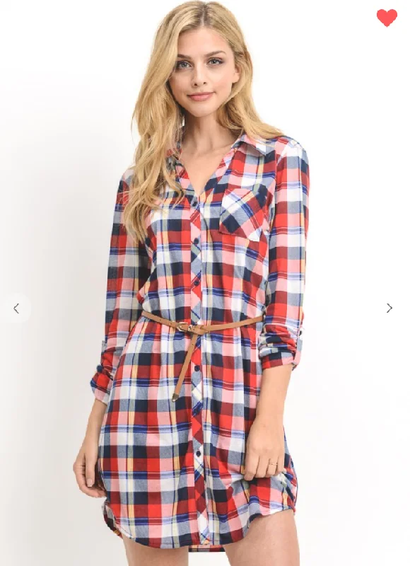 Women's Stylish Professional Garments Forward Trendsetter Lightweight Plaid Shirt-Style Dress