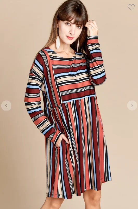 Women's Seasonal Clothes Best-Sellers Multi-Color Variegated Striped Babydoll Dress