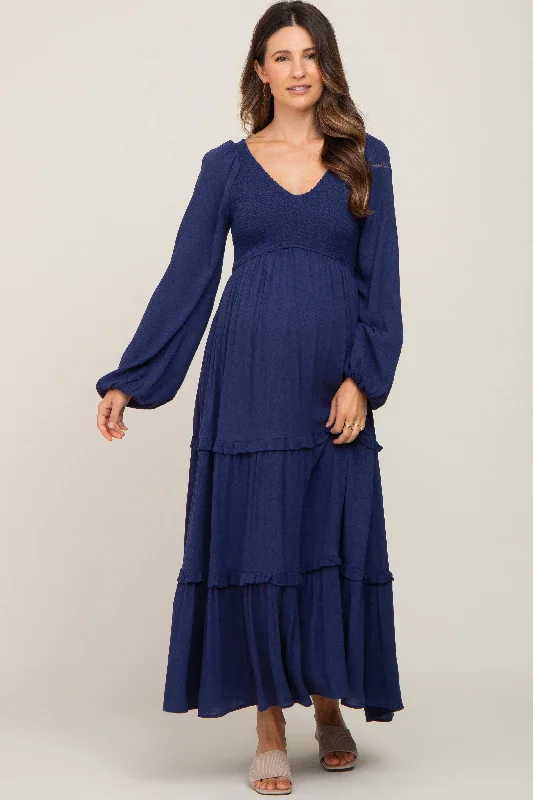 Chic Clothes For Women Chic Styles Navy Blue Smocked Tiered Maternity Midi Dress