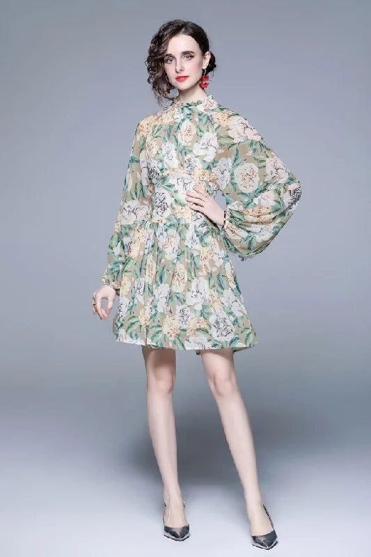 Women's Clothing For Casual Outings Exclusive Sale Pale green & Floral print Day A-line Long Sleeve Jewel Above Knee Dress