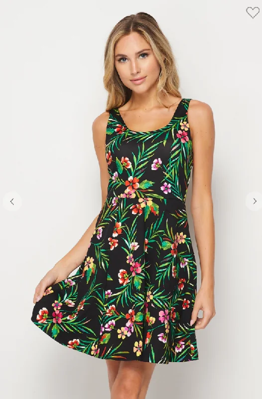 Women's Weekend Outfit Vintage-Modern Style Offers Tropical Forest Scoop Neck Swing Dress