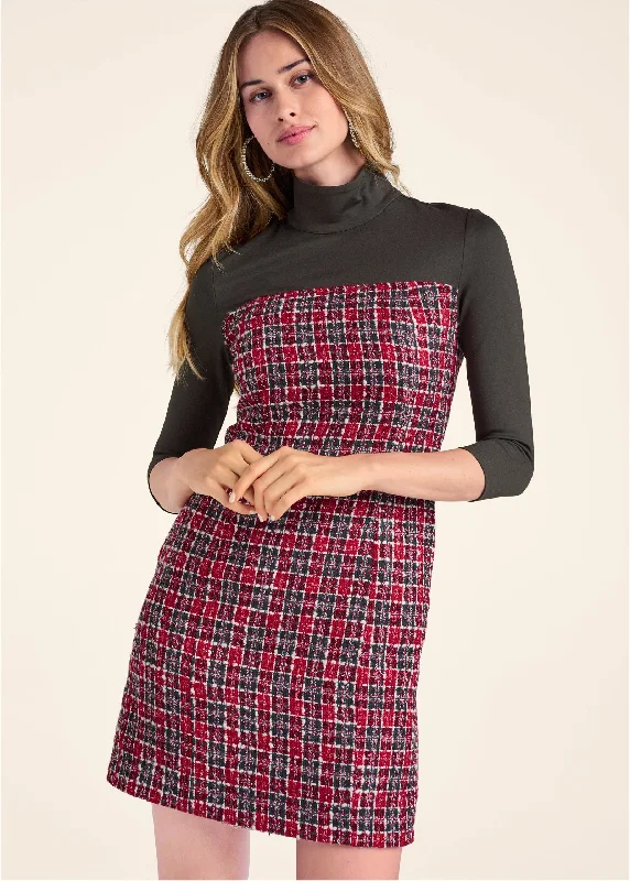 Women's Occasion Wear Apparel Exclusive Discount Mock-Neck Plaid Tweed Dress - Red & Black