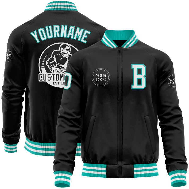 Urban Unisex Fashion Outfits Browse Our Top Products Custom Black White-Aqua Bomber Varsity Letterman Zipper Jacket