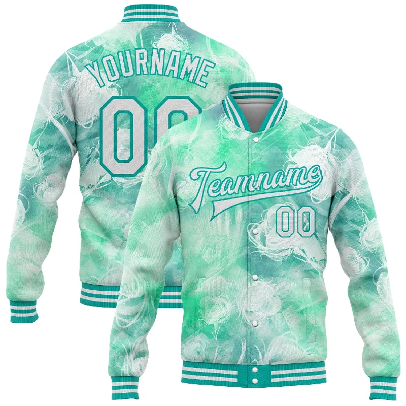 Minimalist Unisex Fashion Essentials Vintage-Inspired Style Offers Custom Aqua White Halo Dying Rose 3D Pattern Design Bomber Full-Snap Varsity Letterman Jacket