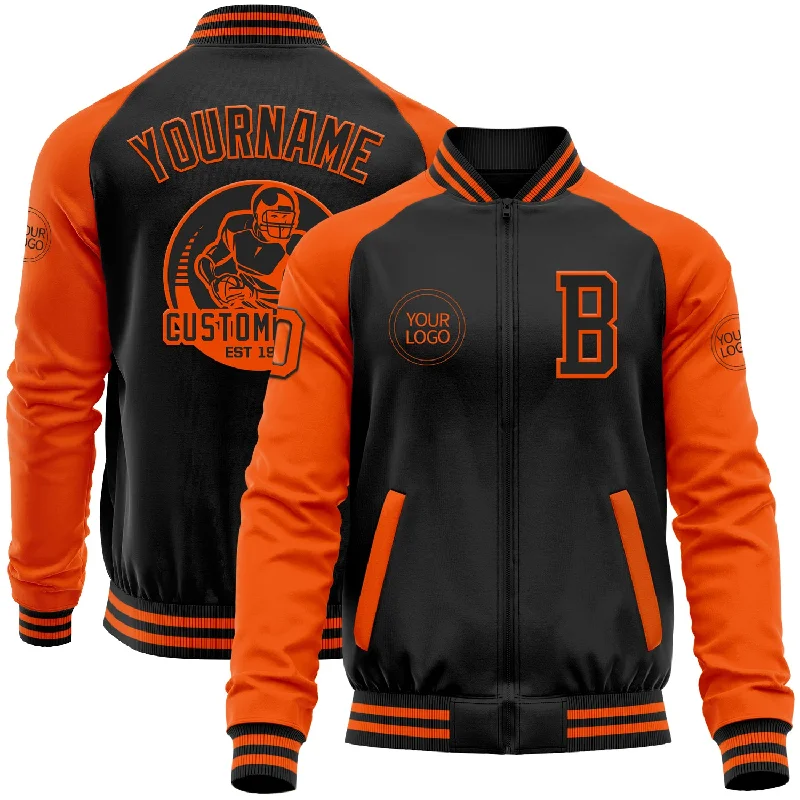 Fashion-Forward Gender-Neutral Outerwear You'Ll Love Us Because Custom Black Orange Bomber Varsity Letterman Two Tone Zipper Jacket