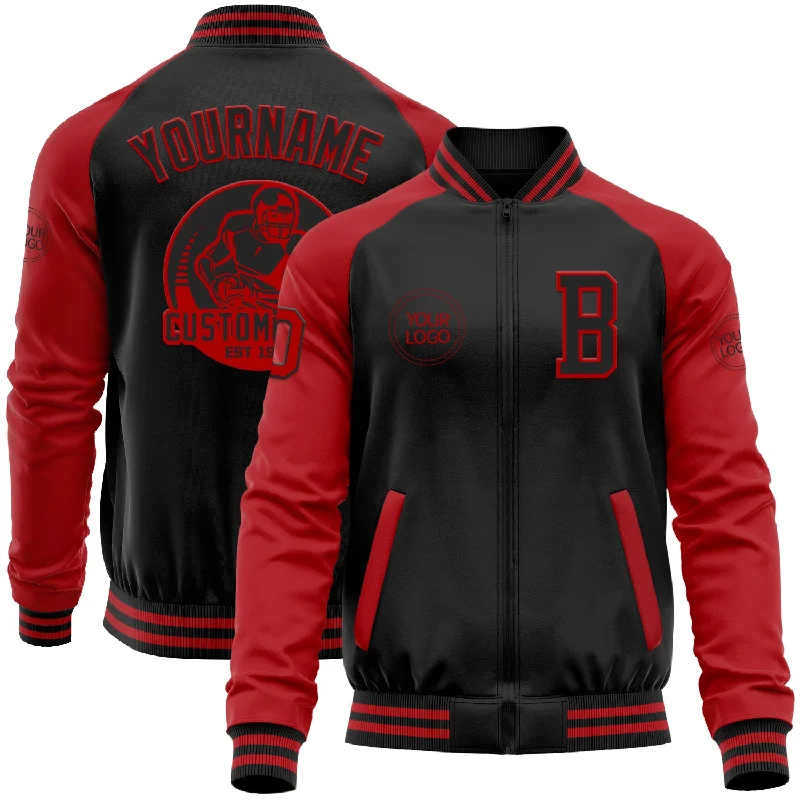 Lightweight And Breathable Unisex Wear End-Of-Season Clearance Custom Black Red Bomber Varsity Letterman Two Tone Zipper Jacket