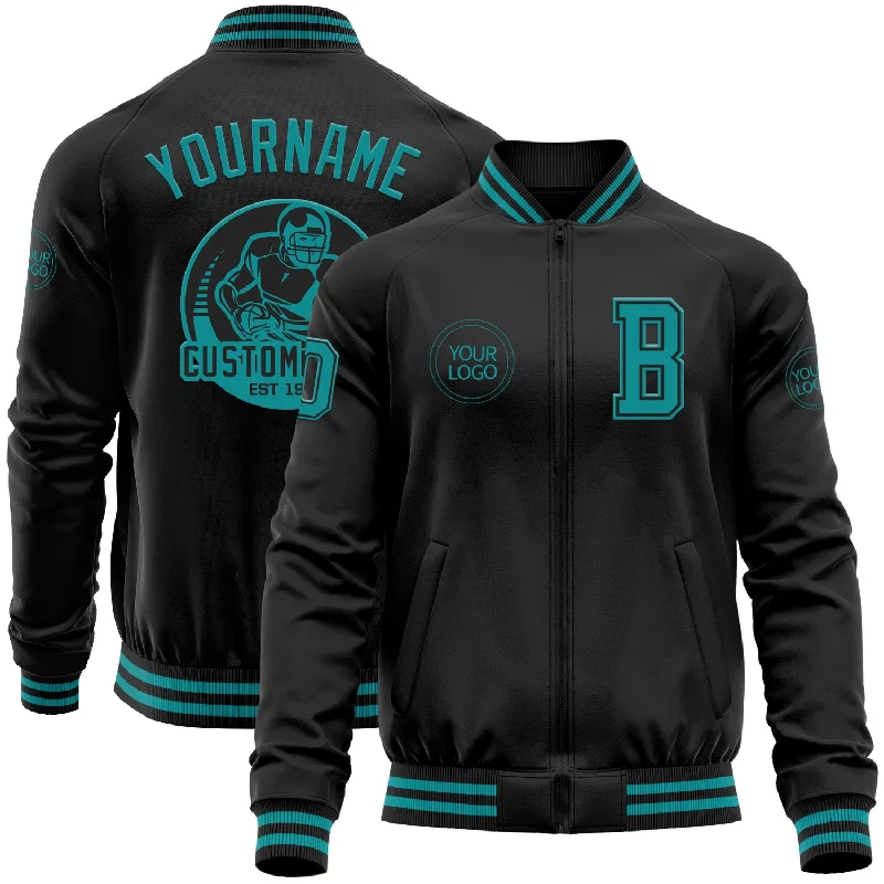 Urban-Inspired Unisex Fashion Trends Style Upgrade Custom Black Teal Bomber Varsity Letterman Zipper Jacket