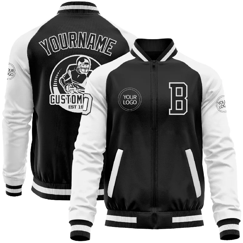 Oversized Unisex Fashion Pieces Luxury Casual Deals Custom Black White Bomber Varsity Letterman Two Tone Zipper Jacket