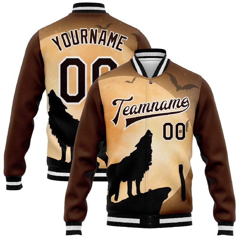 Versatile Unisex Layering Pieces Statement Fashion Offers Custom Brown Black-White Wolf Fullmoon Party 3D Pattern Design Bomber Full-Snap Varsity Letterman Jacket