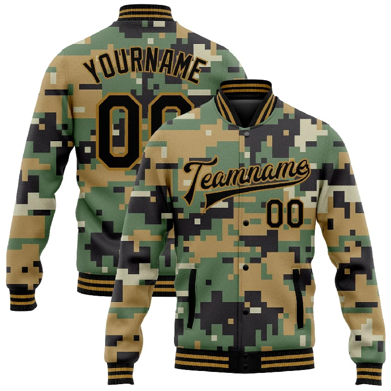 High-Quality Unisex Basics For All Occasions Spring Fashion Custom Camo Old Gold-Black Digital Camouflage 3D Bomber Full-Snap Varsity Letterman Salute To Service Jacket