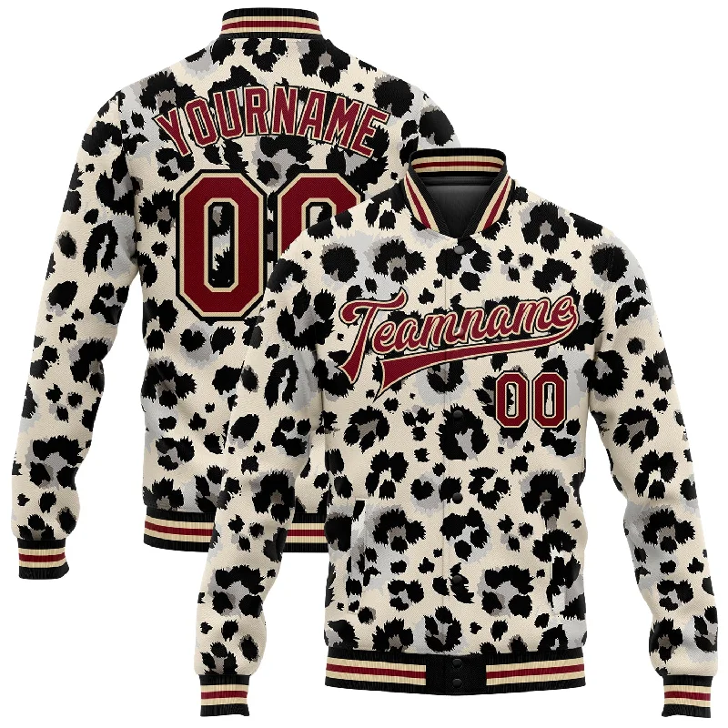 Modern Unisex Wardrobe Staples Chic And Edgy Custom City Cream Crimson-Black Leopard Print 3D Pattern Design Bomber Full-Snap Varsity Letterman Jacket