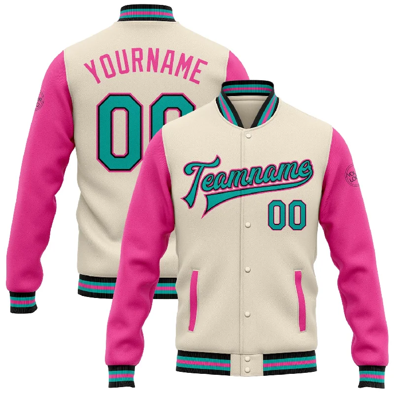 Minimalist Unisex Fashion Essentials Clearance Event Custom Cream Aqua Black-Pink Bomber Full-Snap Varsity Letterman Two Tone Jacket