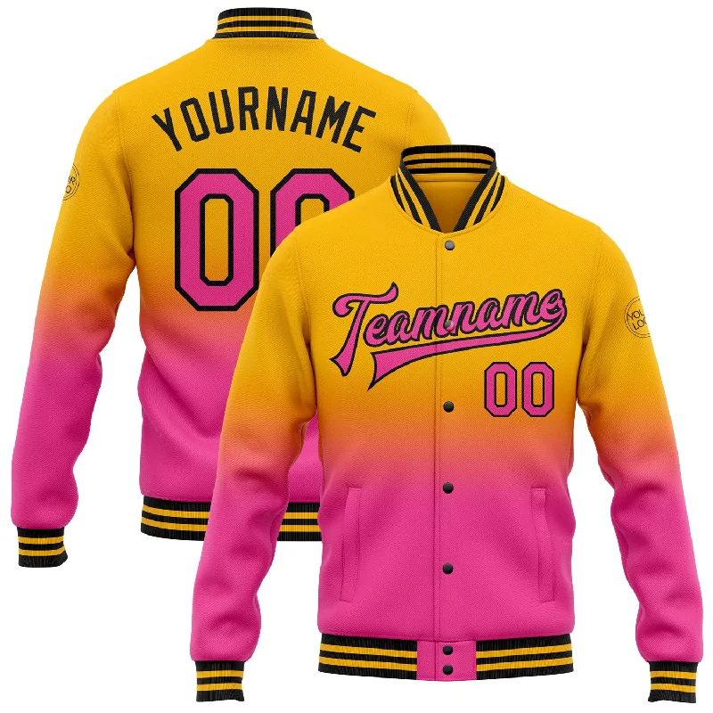 Contemporary Gender-Free Clothing Styles Discover Promotions Custom Gold Pink-Black Bomber Full-Snap Varsity Letterman Fade Fashion Jacket