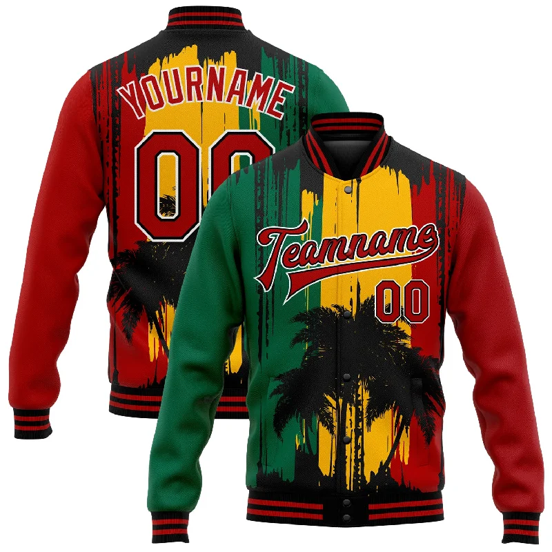 Oversized And Relaxed Unisex Fashion Durable Fashion Picks Custom Gold Red Black-Kelly Green Black History Month Hawaii Palm Trees 3D Bomber Full-Snap Varsity Letterman Jacket