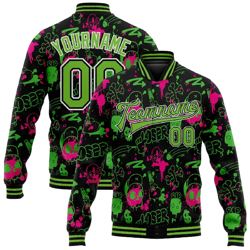 Fashion-Forward Gender-Neutral Outfit Ideas Fashion Deal Custom Graffiti Pattern Neon Green-Black Abstract Grunge Art 3D Bomber Full-Snap Varsity Letterman Jacket