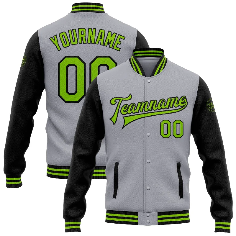 Breathable And Lightweight Unisex Wear Winter Warehouse Sale Custom Gray Neon Green-Black Bomber Full-Snap Varsity Letterman Two Tone Jacket