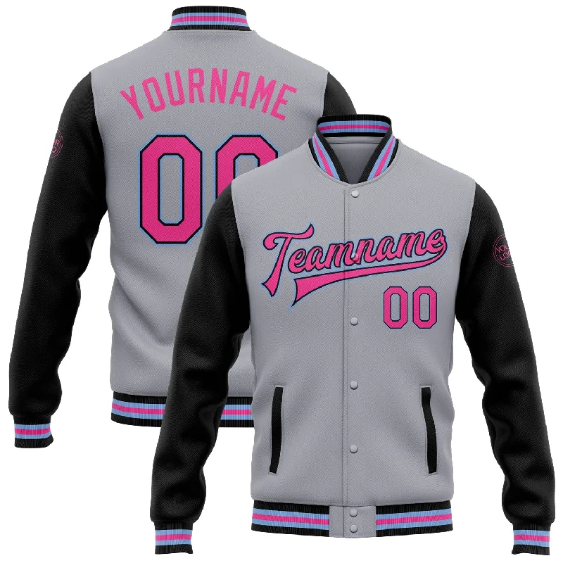 Trendy Unisex Streetwear Fashion Absurdly Cheap Sale Custom Gray Pink Black-Light Blue Bomber Full-Snap Varsity Letterman Two Tone Jacket