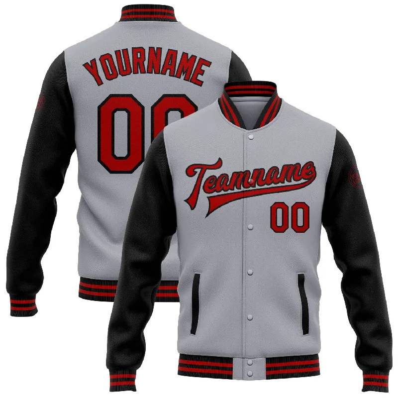 Unisex Everyday Fashion Essentials The Latest Fashion Trends Custom Gray Red-Black Bomber Full-Snap Varsity Letterman Two Tone Jacket