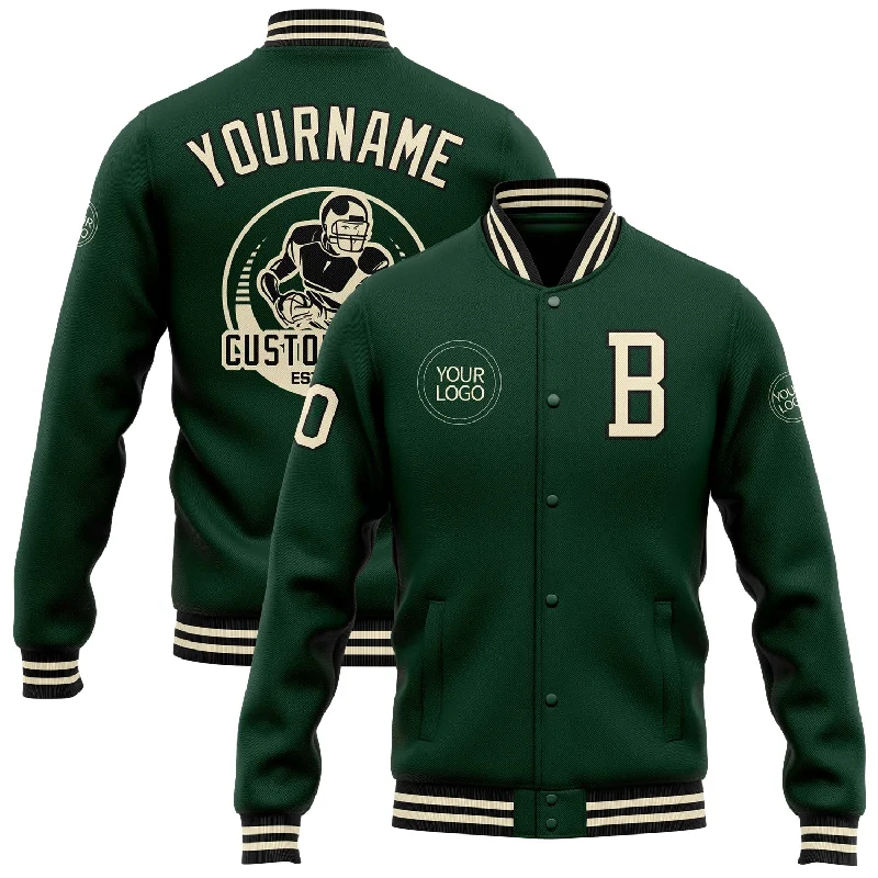 Relaxed-Fit Unisex Fashion For All-Day Comfort Limited Time Custom Green Cream-Black Bomber Full-Snap Varsity Letterman Jacket