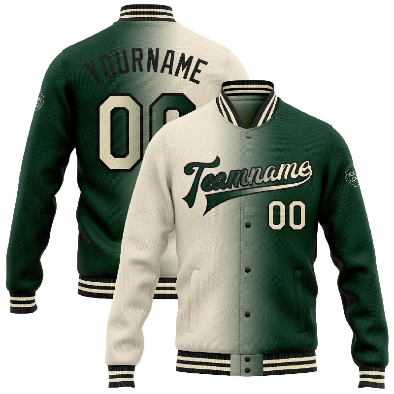 Versatile Clothing For All Genders Sporty Fashion Offers Custom Green Cream-Black Bomber Full-Snap Varsity Letterman Gradient Fashion Jacket