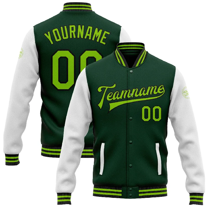 High-Quality Unisex Basics For Everyday Wear Romantic Fashion Discounts Custom Green Neon Green-Black Bomber Full-Snap Varsity Letterman Two Tone Jacket