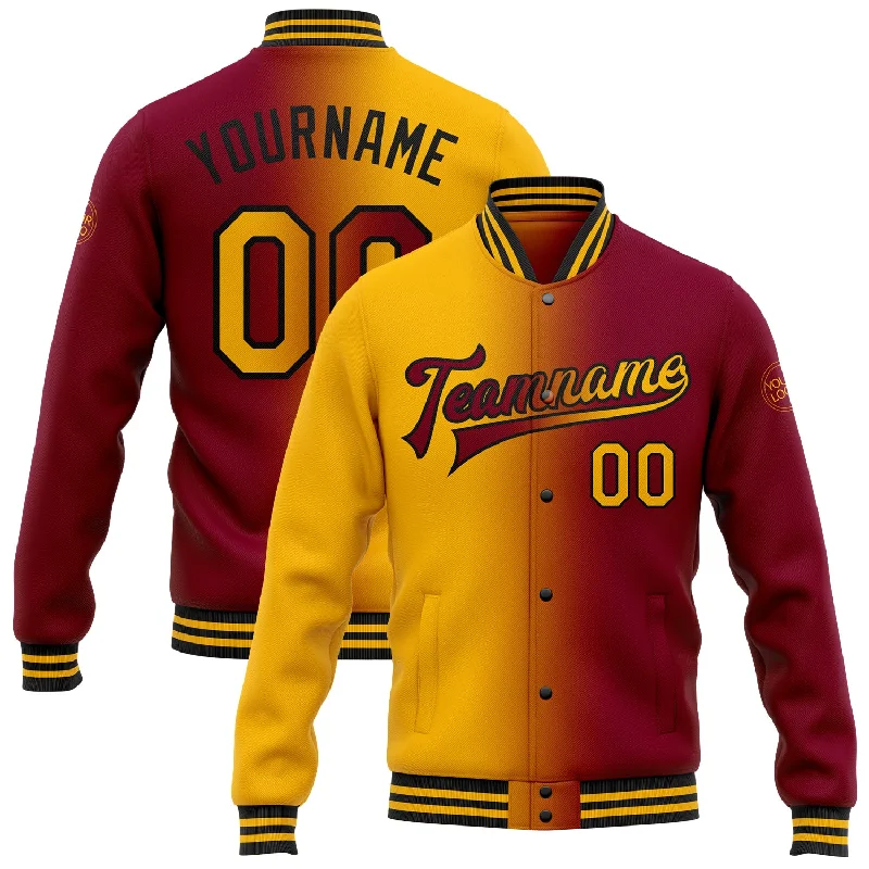 Versatile Unisex Layering Pieces Luxe Style Discounts Custom Maroon Gold-Black Bomber Full-Snap Varsity Letterman Gradient Fashion Jacket