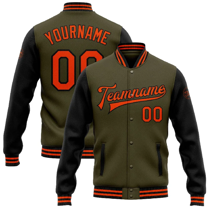 Functional And Stylish Unisex Wear New Arrivals Custom Olive Orange-Black Bomber Full-Snap Varsity Letterman Two Tone Salute To Service Jacket