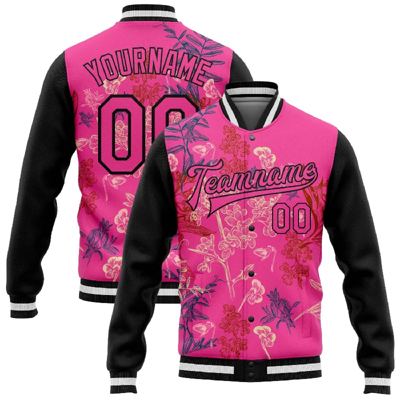 Functional And Stylish Unisex Outerwear Boutique Styles Custom Pink Black Flowers 3D Pattern Design Bomber Full-Snap Varsity Letterman Jacket