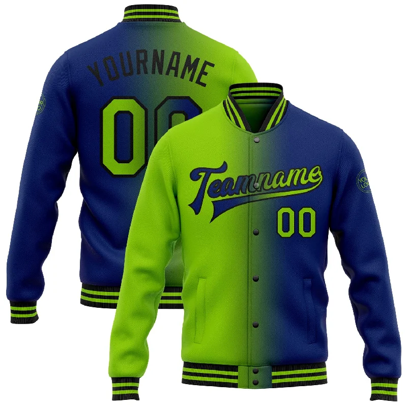 Fashion-Forward Unisex Apparel On-Trend Fashion Offers Custom Royal Neon Green-Black Bomber Full-Snap Varsity Letterman Gradient Fashion Jacket