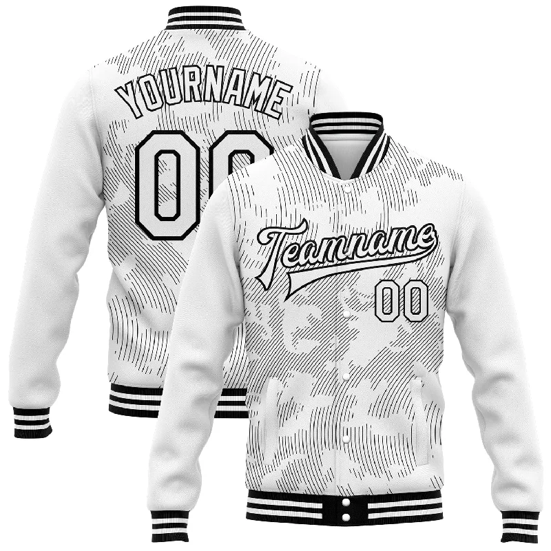 Fashion-Forward Unisex Apparel Trendy Looks On Sale Custom White Black 3D Pattern Design Bomber Full-Snap Varsity Letterman Jacket