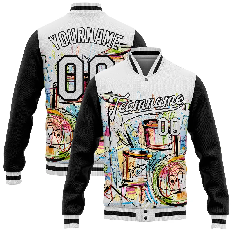 Casual Yet Sophisticated Unisex Fashion Glamorous Fashion Offers Custom White Black Graffiti Musical Instruments Music Festival 3D Pattern Design Bomber Full-Snap Varsity Letterman Jacket