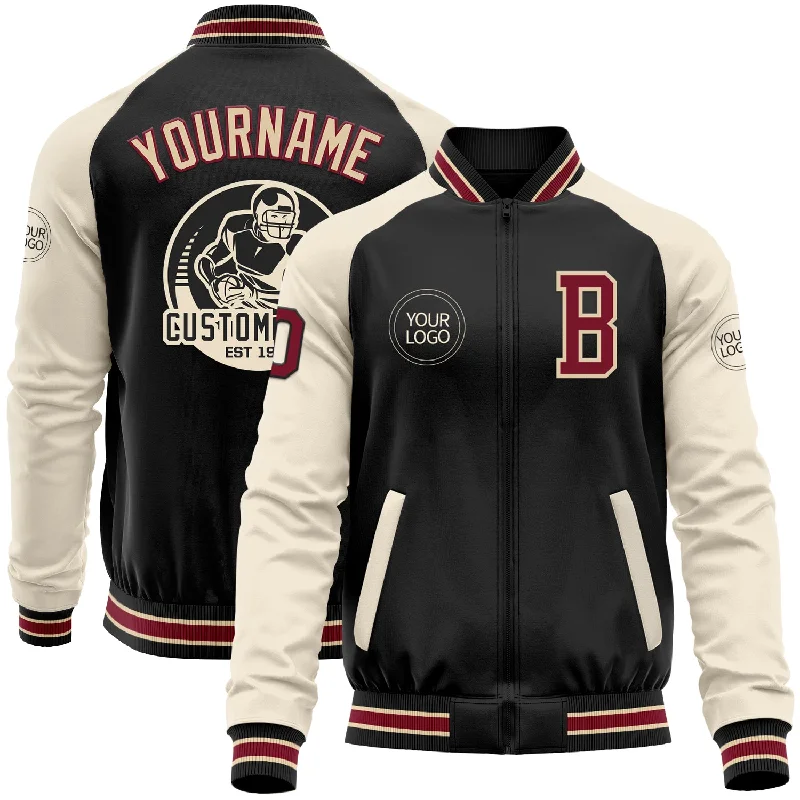 Versatile Clothing For All Genders Urban Elegance Deals Custom Black Crimson Cream-City Cream Bomber Varsity Letterman Two Tone Zipper Jacket