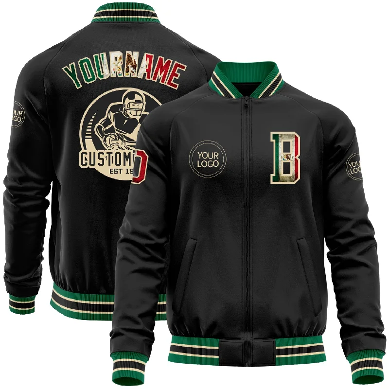 Unisex Casual Wear For All Seasons Avant-Garde Style Promotions Custom Black Vintage Mexican Flag Cream-Kelly Green Bomber Varsity Letterman Zipper Jacket