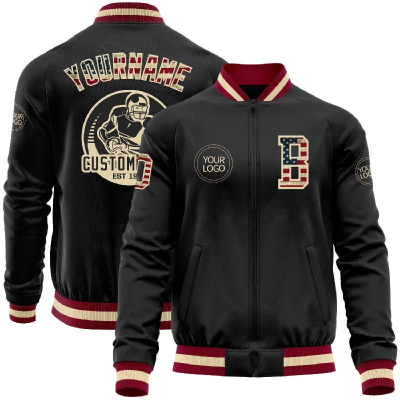 Trendy Unisex Limited Time Offers Custom Black Vintage USA Flag Cream-Maroon Bomber Varsity Letterman Zipper Jacket