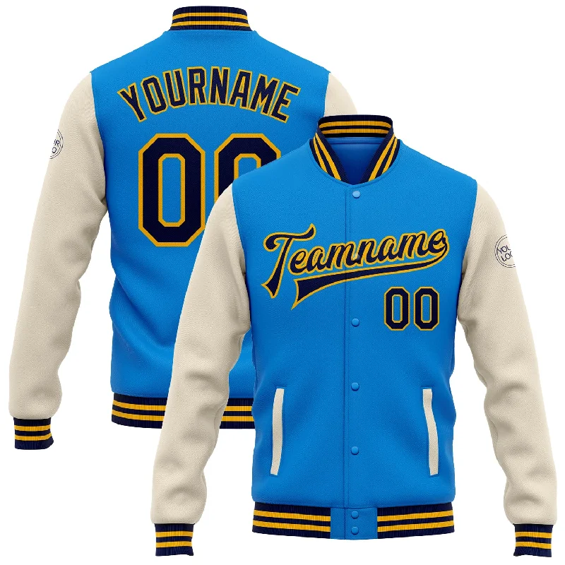 High-Quality Unisex Basics For All Occasions Fresh Styles, Fresh Deals Custom Powder Blue Navy Cream-Gold Bomber Full-Snap Varsity Letterman Two Tone Jacket