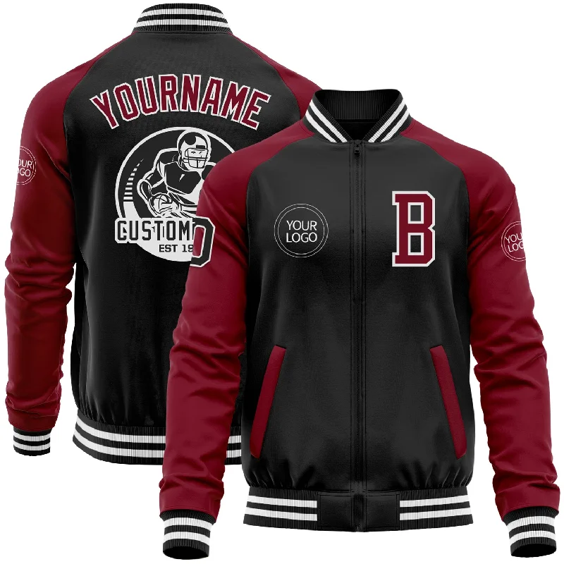 Classic And Timeless Unisex Style On-Trend Fashion Offers Custom Black Crimson-White Bomber Varsity Letterman Two Tone Zipper Jacket