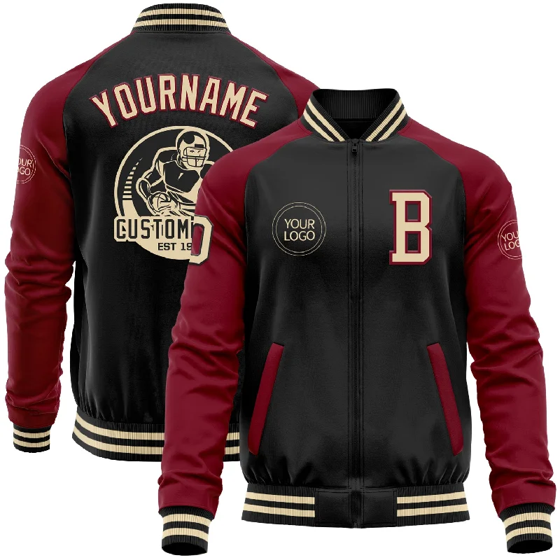 Chic And Casual Unisex Fashion Trends Fashion-Forward Offers Custom Black Cream-Crimson Bomber Varsity Letterman Two Tone Zipper Jacket